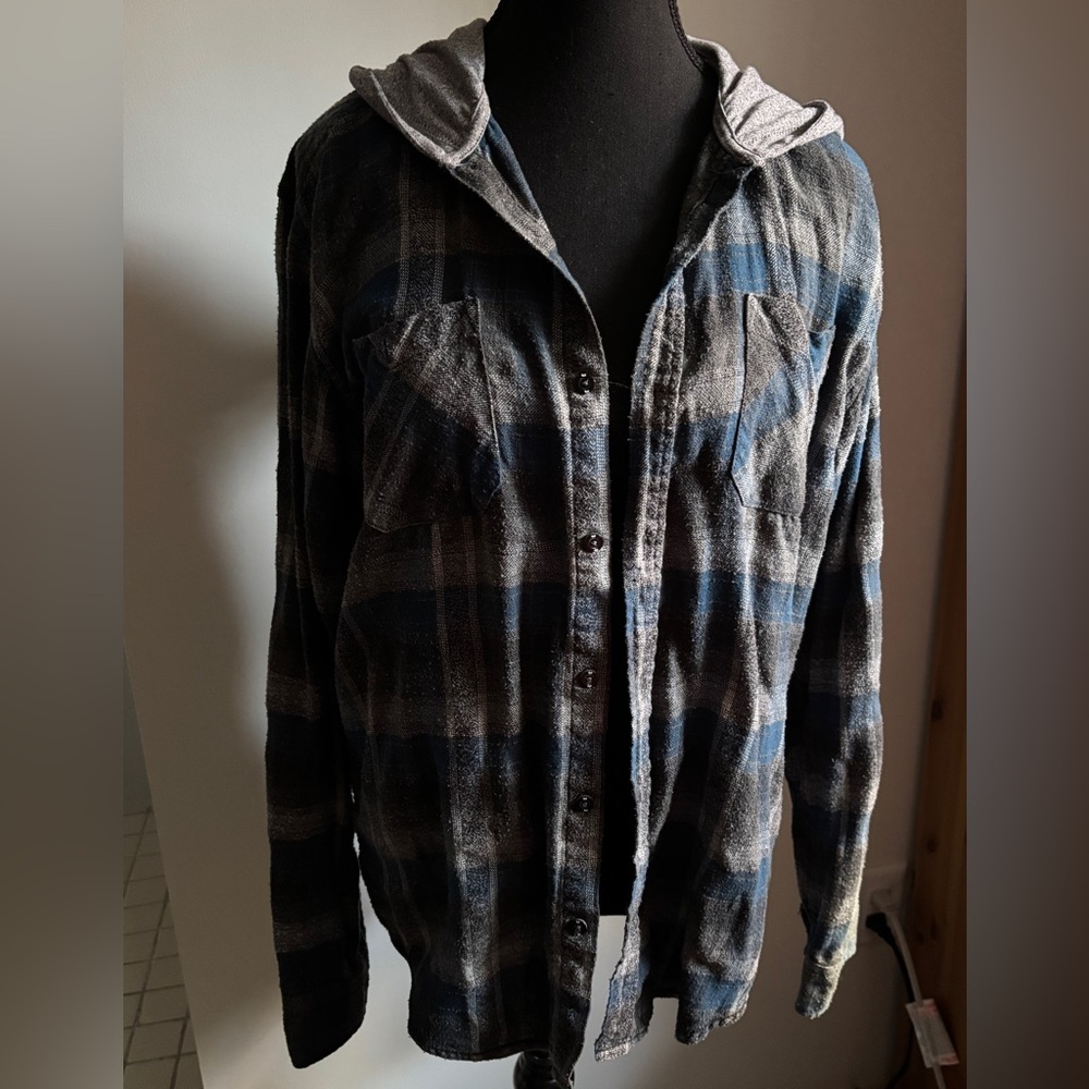 Burnside Men's Gray and Blue Plaid Hooded Shirt Jacket